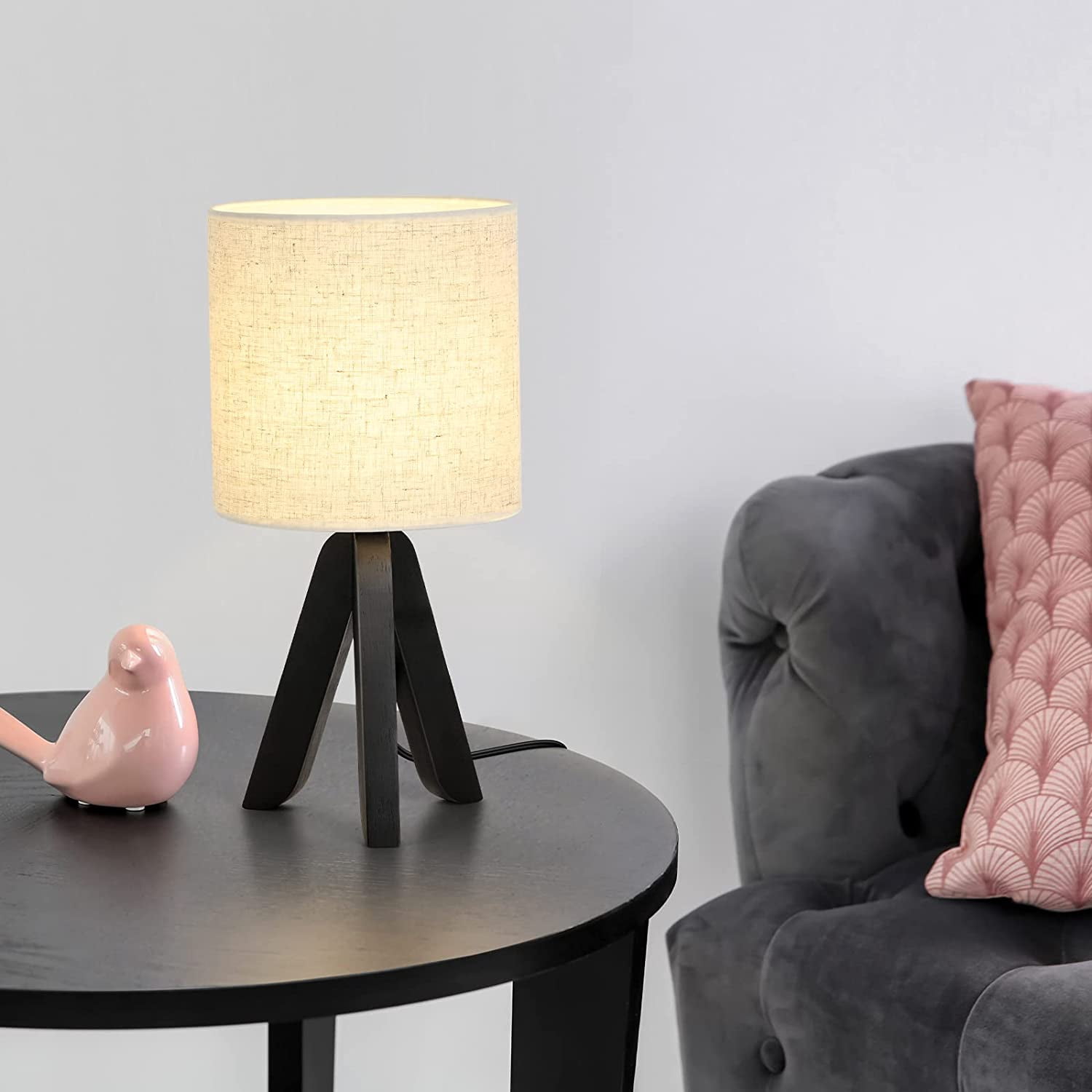 Small Table Nightstand Lamp with Black Wooden Tripod Base, Linen Shade
