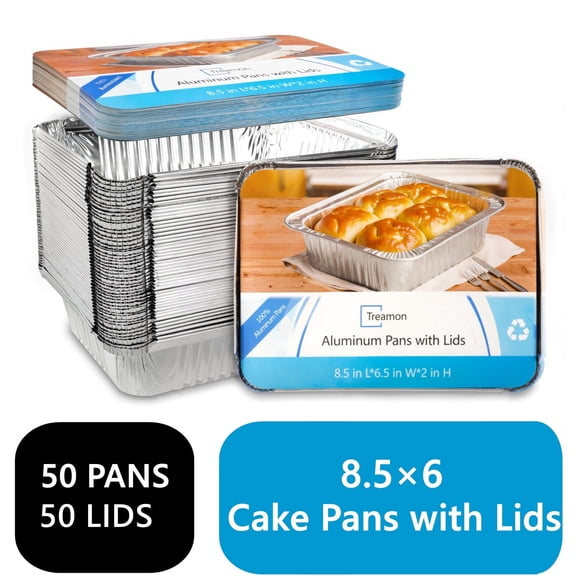 Treamon Aluminum Pans with Lids, Disposable Tin Foil Pans 8.5" x 6" 50 Count