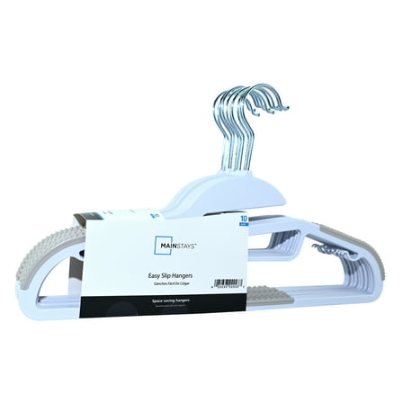 Mainstays Plastic Hangers, Easy Slip Clothing Hangers, Non-Slip 10 Count, Adult, Arctic White/Grey Pumice