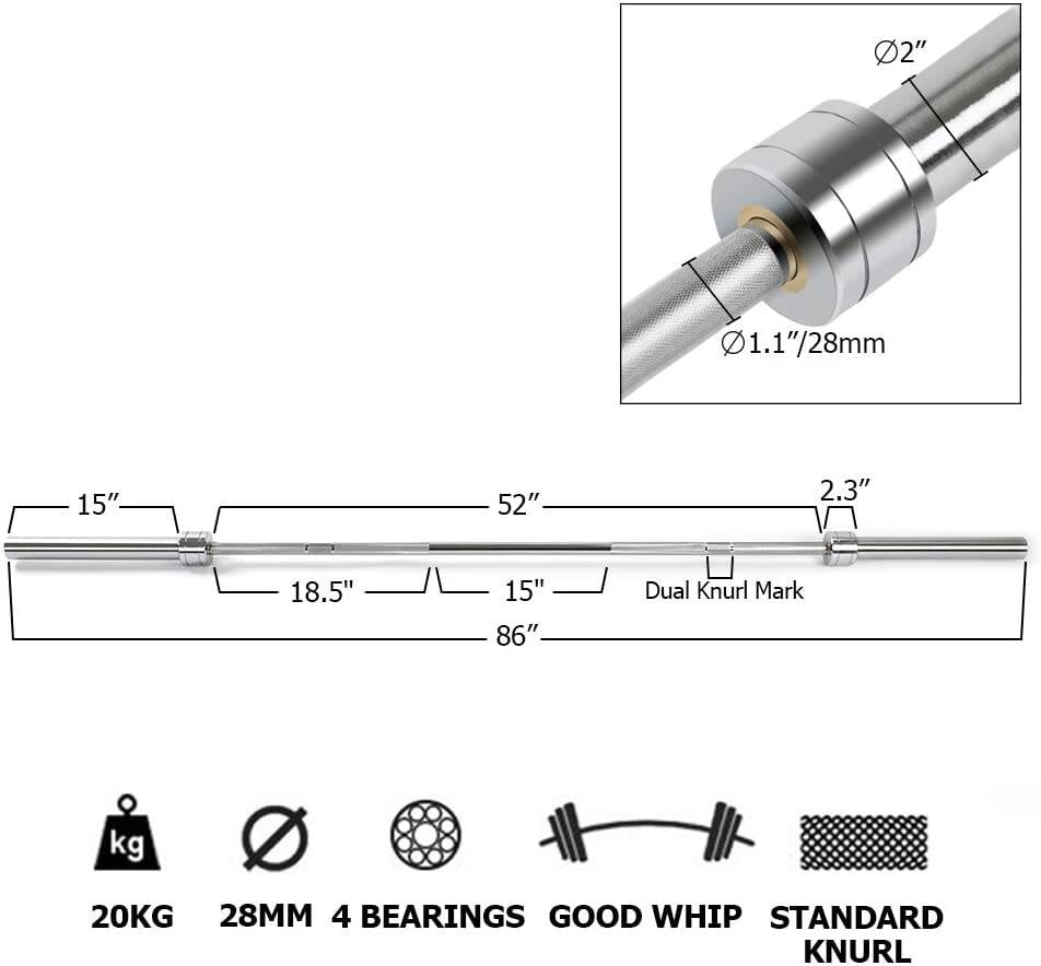Home Gym Equipment, Barbell Bar for 2" Olympic Plates, Home Gym Weightlifting Bar 4Ft Solid Weight Bar 5Ft Fitness Training Curl Barbell 7.2Ft, Silver Exercise Equipment,Fitness Equipment