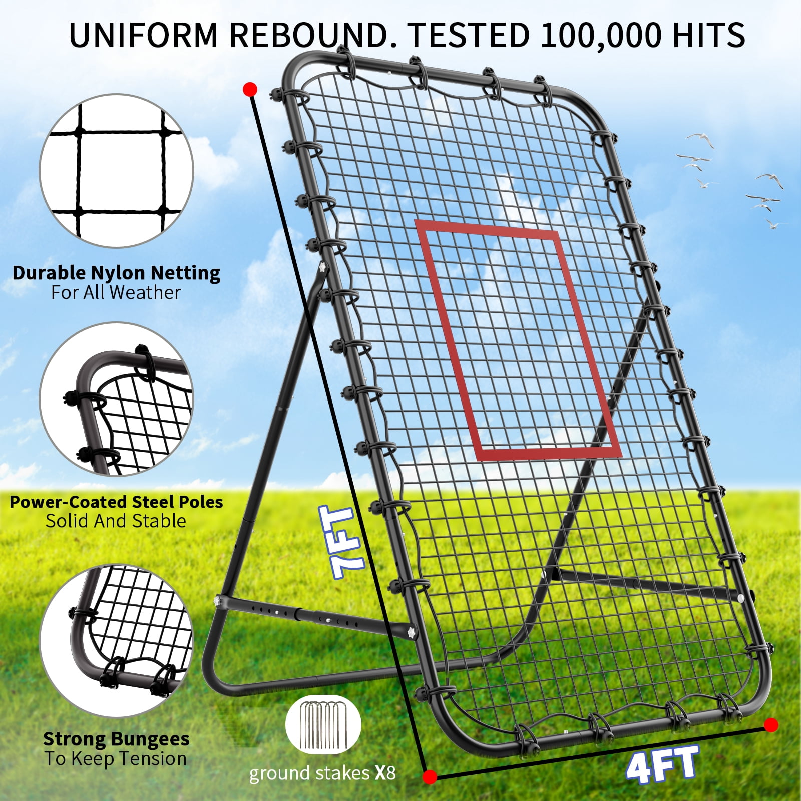 7x4 FT Volleyball Rebounder Net，Ultimate Training Equipment for Volleyball & Lacrosse，Enhanced Bouncing System for Volleying, Bumping, Spiking Drills，Multiple Adjustable Rebound Angles(Black）