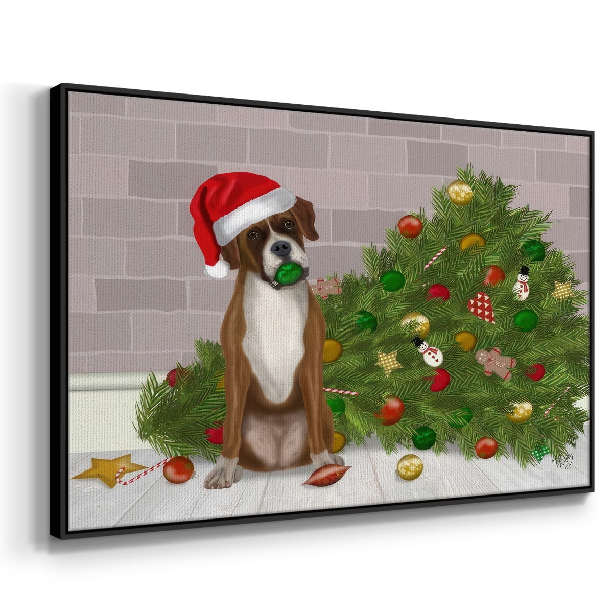 Christmas Boxer and Broken Christmas Tree - Framed Gallery Wrapped Holiday Canvas - 25 x 37 - Black Frame