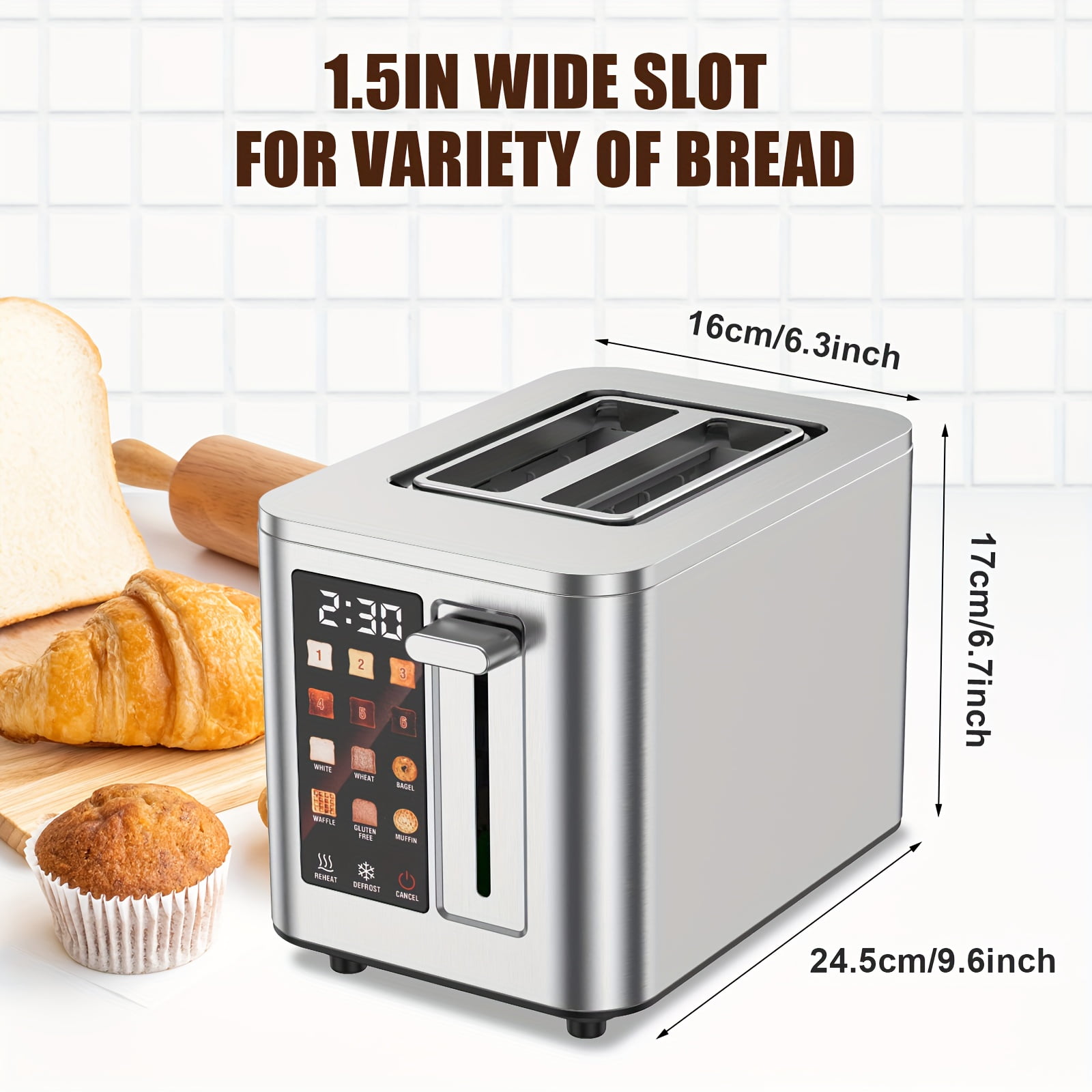 2-Slice Smart Toaster with Touchscreen, Long Slots, Stainless Steel