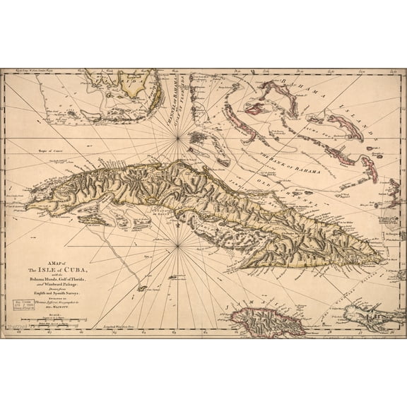 24"x36" Gallery Poster, map of Cuba, Bahama Islands, jamaica 1762