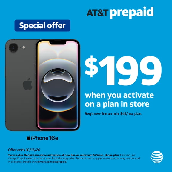 AT&T Apple iPhone 16e, 128GB, Black - Prepaid Smartphone [Locked to AT&T]