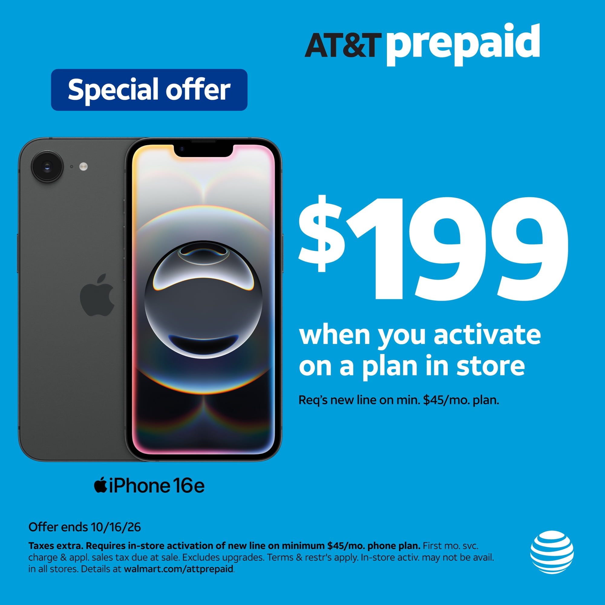 AT&T Apple iPhone 16e, 128GB, Black - Prepaid Smartphone [Locked to AT&T]