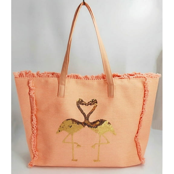 Fashion Beach Tote Bag - Gold Flamingo - 19 Inch x 15 Inch - Women Swim Pool Bag Large Tote