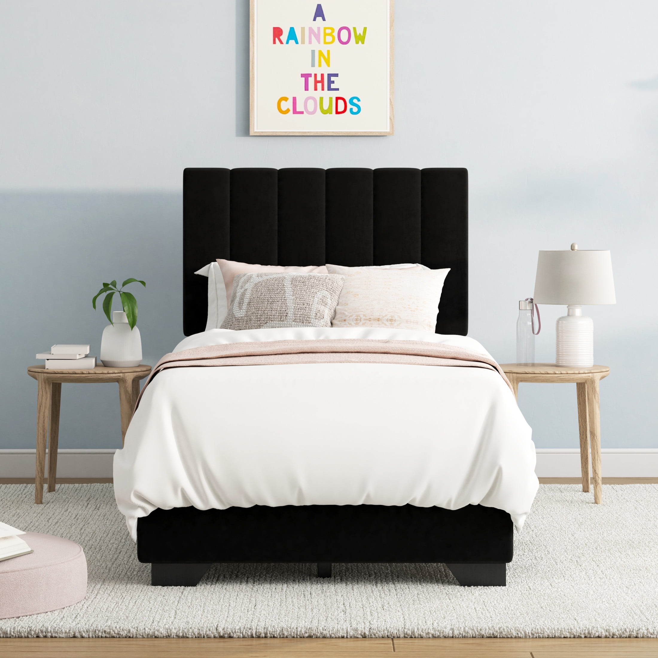 Reece Channel Stitched Upholstered Twin Bed, Black, by Hillsdale Living Essentials