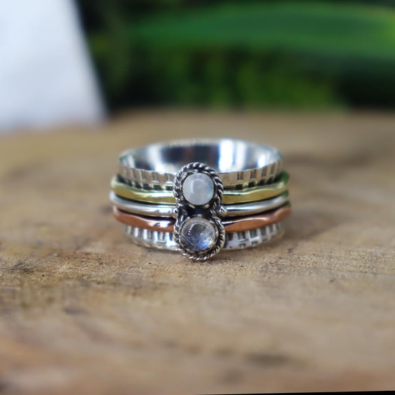 SS DESIGNS- Bohemian Spinner Ring With Moonstone Centerpiece Wide Band Hammered Sterling Silver Ring