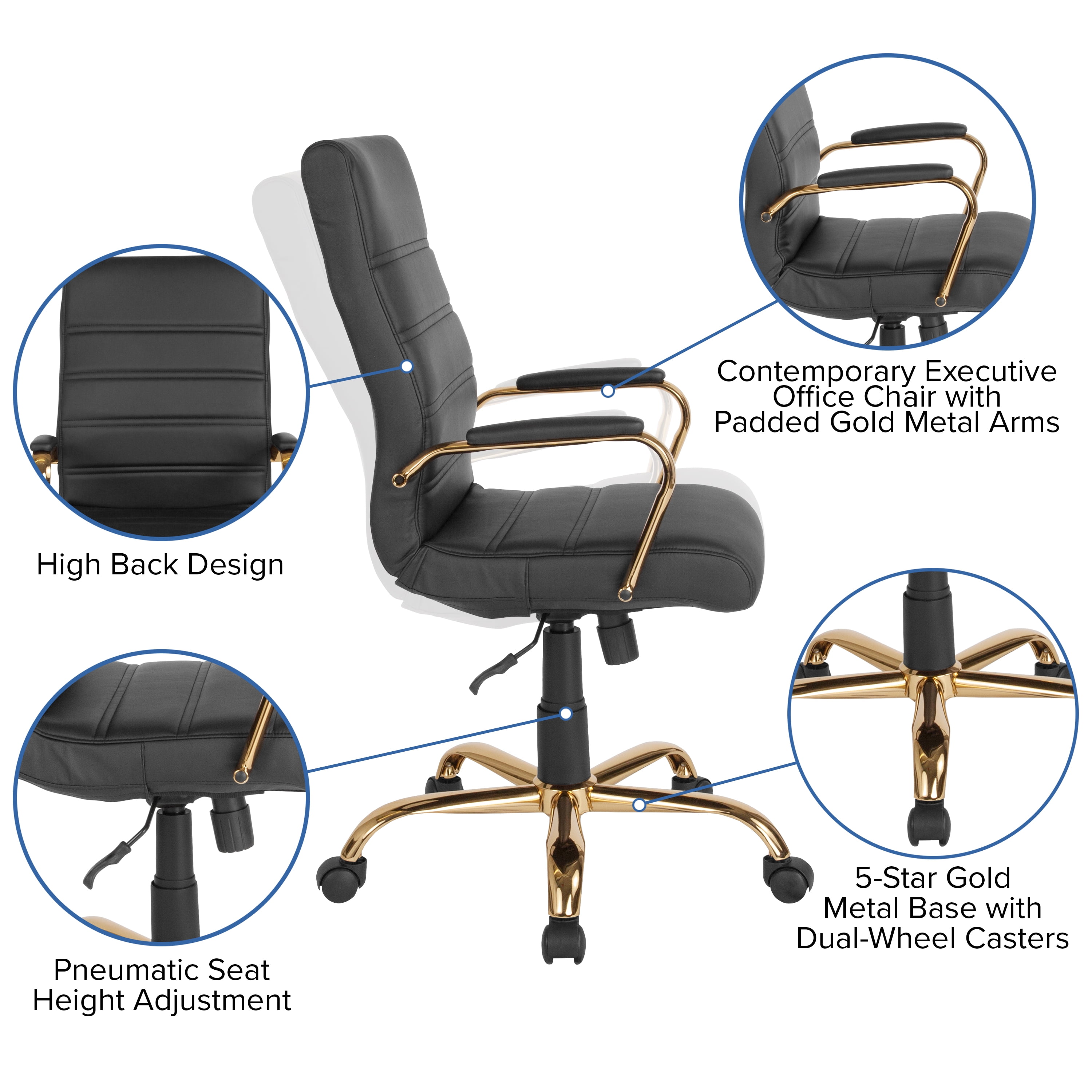 Emma + Oliver High Back Black LeatherSoft Executive Swivel Office Chair with Gold Frame/Arms