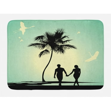 Romantic Bath Mat, Married Couple walking on the Beach with Tropical Fauna and Flora, Non-Slip Plush Mat Bathroom Kitchen Laundry Room Decor, 29.5 X 17.5 Inches, Pale Green Seafoam Black, Ambesonne