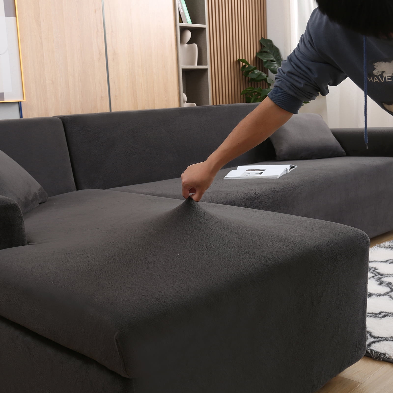 SHANNA Sectional Sofa Slipcovers Thick Velvet L Shape Couch Covers, 2Pcs Stretch Anti-Slip Sofa Covers 3 Seater + 3 Seaters Chaise Cover Furniture Protector,Dark Gray