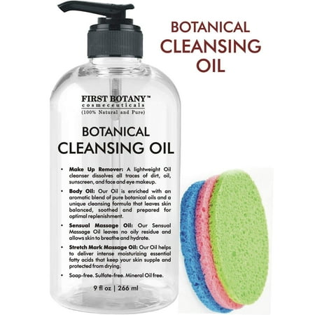 Deep Massage Oil Deep Cleansing Oil - 100% Pure & Natural, 9 fl oz with Sponges - Botanical Facial Cleanser, Eye Makeup Remover, Stretch Mark oil & Massage Oil ()