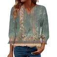 thumbnail image 3 of JTZGDY Floral Tops for Women Boho Printed Summer 3/4 Lenght Sleeve V Neck Graphic Tunic T-Shirts Loose Fit Dressy Casual Western Shirts with Smoked Cuff Sleeves Green#02 L, 3 of 8
