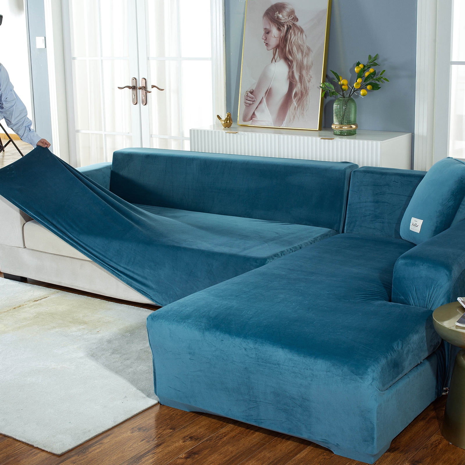 Eurhowing Velvet L-Shaped Sectional Sofa Cover with 4 Pillowcases, Stretch Soft Couch Slipcovers 3 Seater+4 Seater, Sofa Furniture Protector, Lake Blue