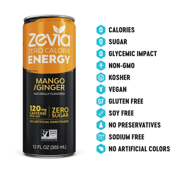 Zevia Zero Calorie Energy Drink, Mango Ginger, 12 Ounce Cans (Pack