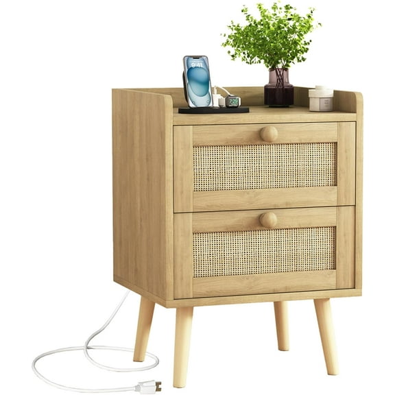 Rattan Nightstand with Charging Station, Mid Century Modern Bedside Side Table with 2 Drawers, Boho End Table with Wood Legs for Bedroom Natural Night Stand for Living Room