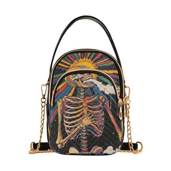 FORMRS Crossbody Bag for Women Quilted Travel Shoulder Cell Phone Purse with Chain Strap Handbag, Colorful Skeleton Sun