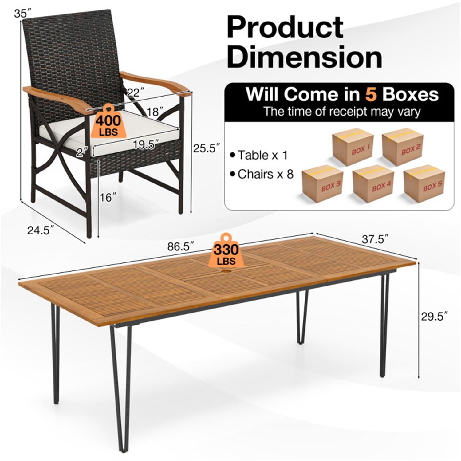 Demi Bonn 9 Pieces Patio Furniture Set with Wicker Armchairs, Soft Cushions and Acacia Wood Square Table, Conversation Dining for Garden Poolside Balcony, Brown-A