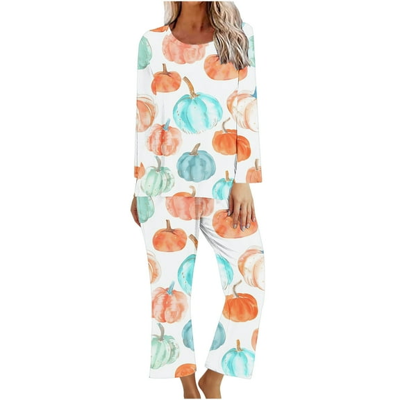 Prime Day Sales Today 2025!Viikei Womens Pajamas Plus Size,Ladies' Halloween Printed Casual Top Pants Pajama Set White S