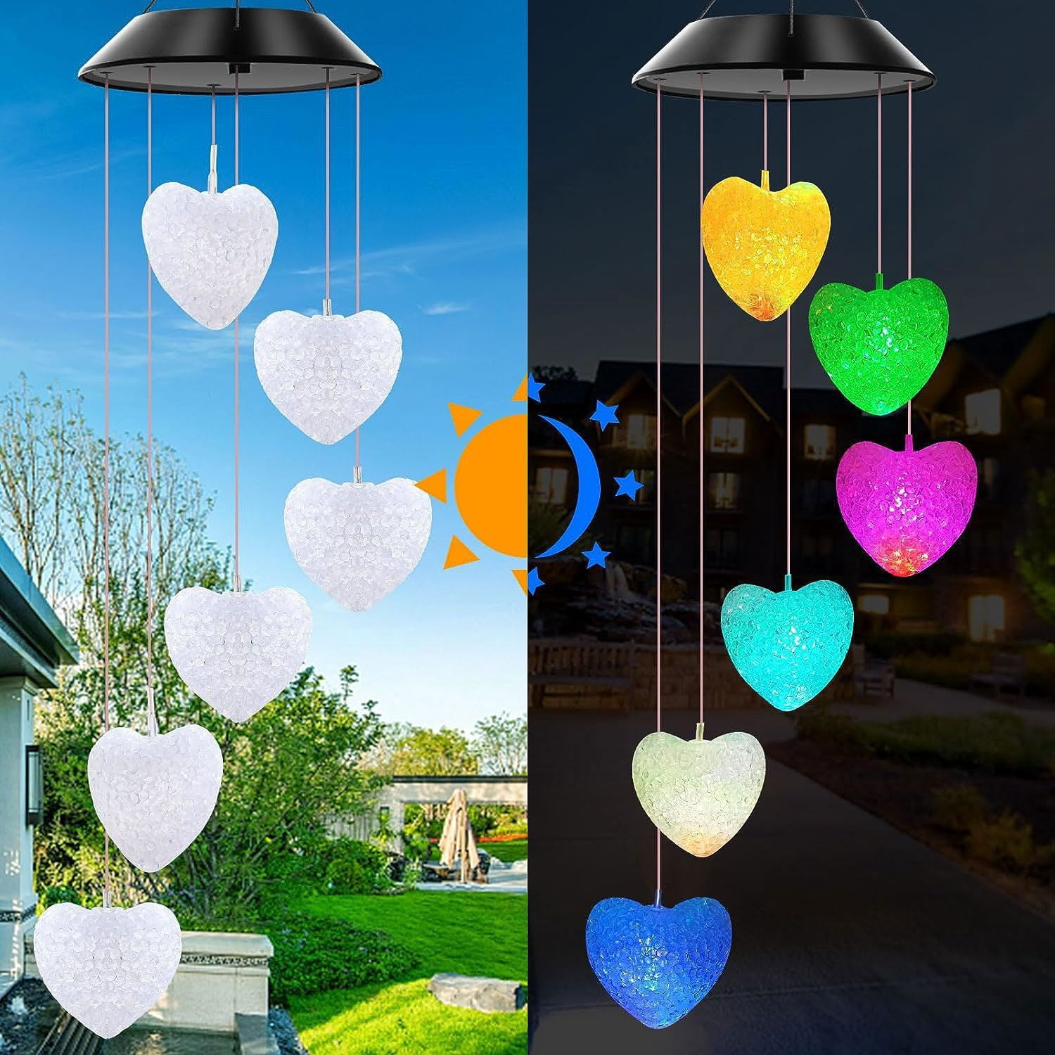 Cfowner Solar Heart Wind Chimes Outdoor, LED Solar Wind Chimes Color Changing Mobile Wind Chime Waterproof Solar Lights,Outdoor Valentines Decorations,Valentine Lights Outdoor