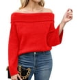 thumbnail image 2 of Women Off the Shoulder Sweater Long Sleeve Tops 2025 Fall Loose Knit Pullover Sweaters Winter Clothes Red M, 2 of 8