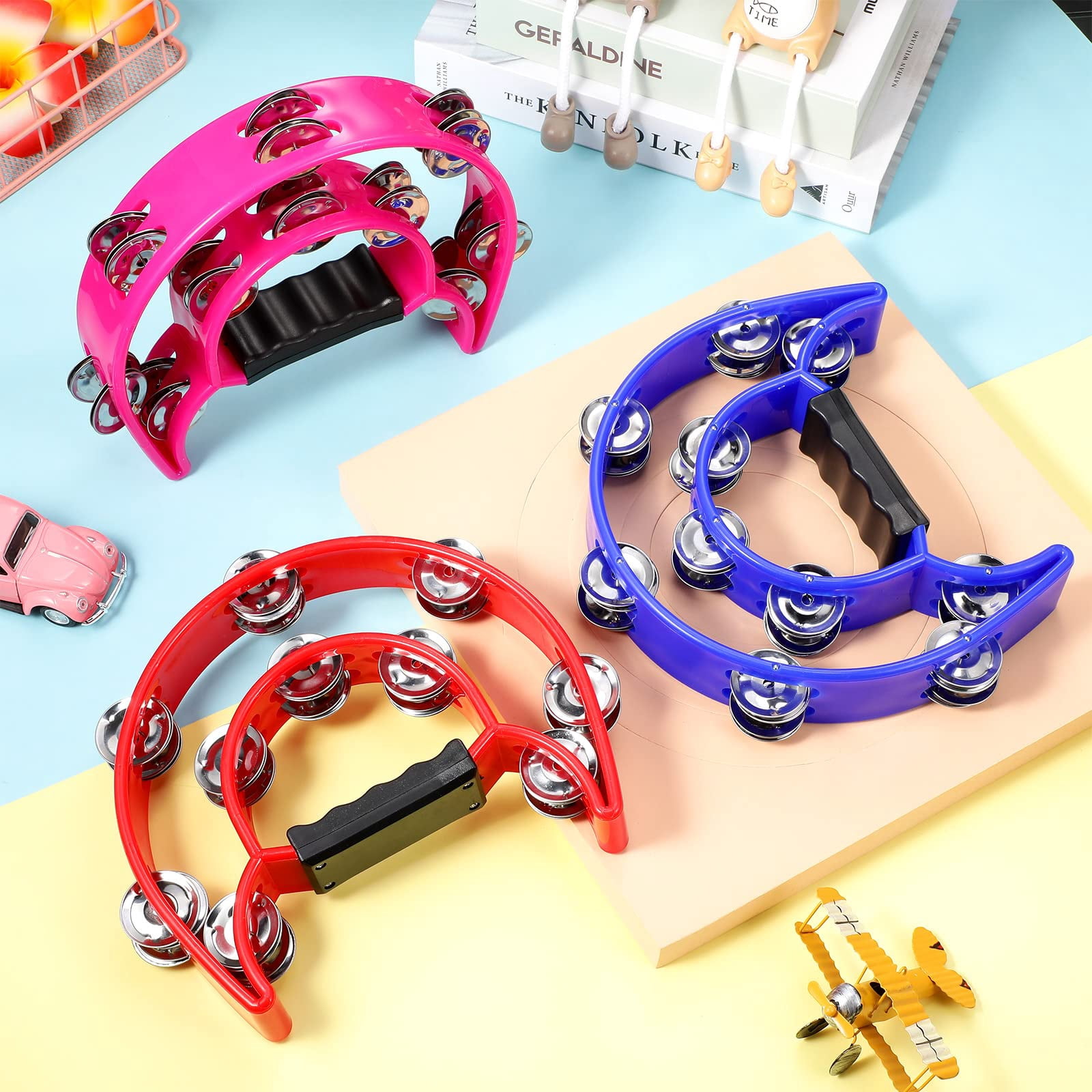 7 Pieces Double Row Tambourine Half Moon Musical Plastic Instrument Handheld Percussion Metal Jingles Hand Held Drum For Party Performance Concert