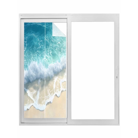 Aqua Blue Beach Window Privacy Film, Coastal Seawaves Sand Shore Scenery Static Cling UV Sun Blocking Tint Film Heat Control Windows Films for Bedroom Bathroom, Window Stickers 35.4"x78.7"