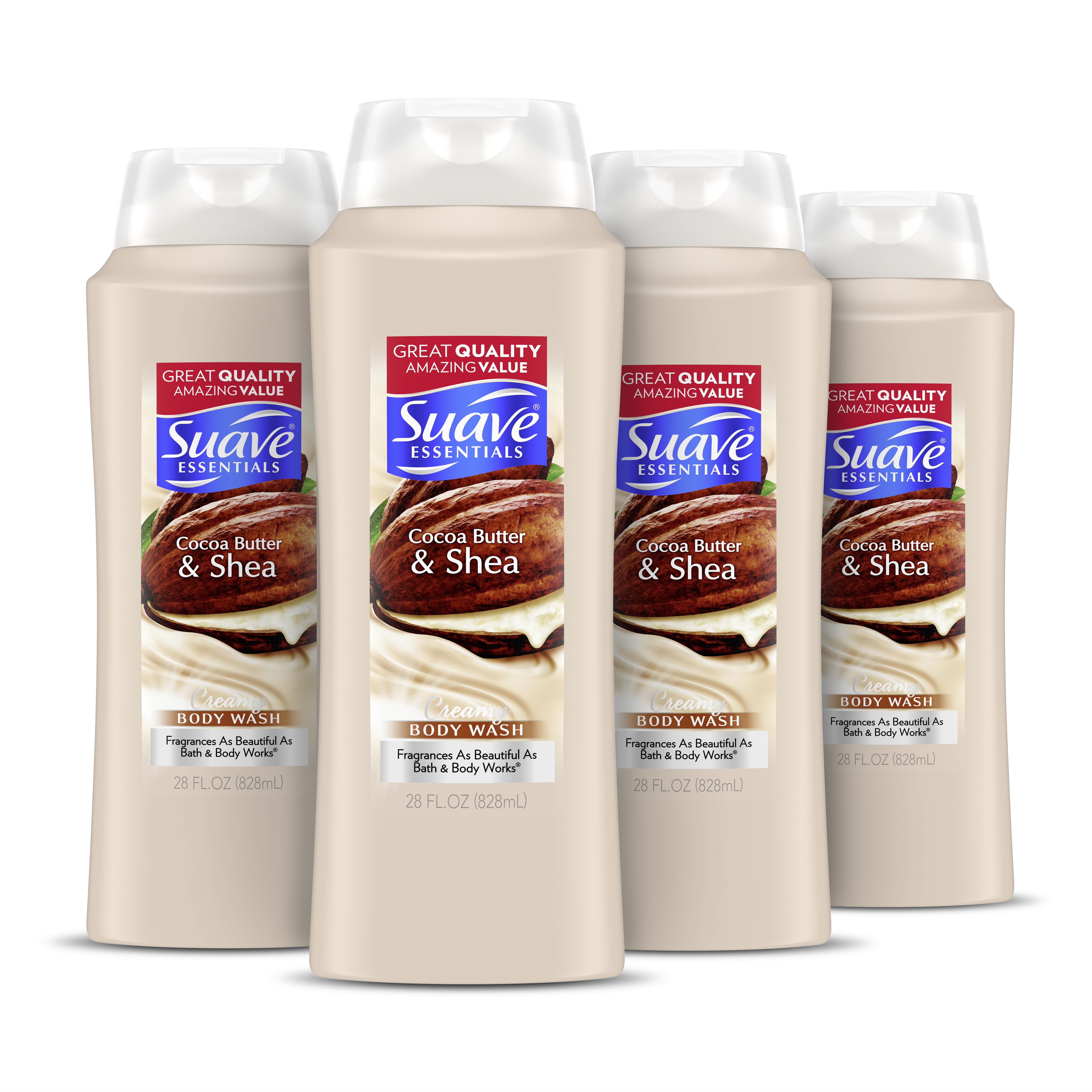 (4 Pack) Suave Essentials Body Wash Creamy Cocoa Butter and Shea, 28 oz
