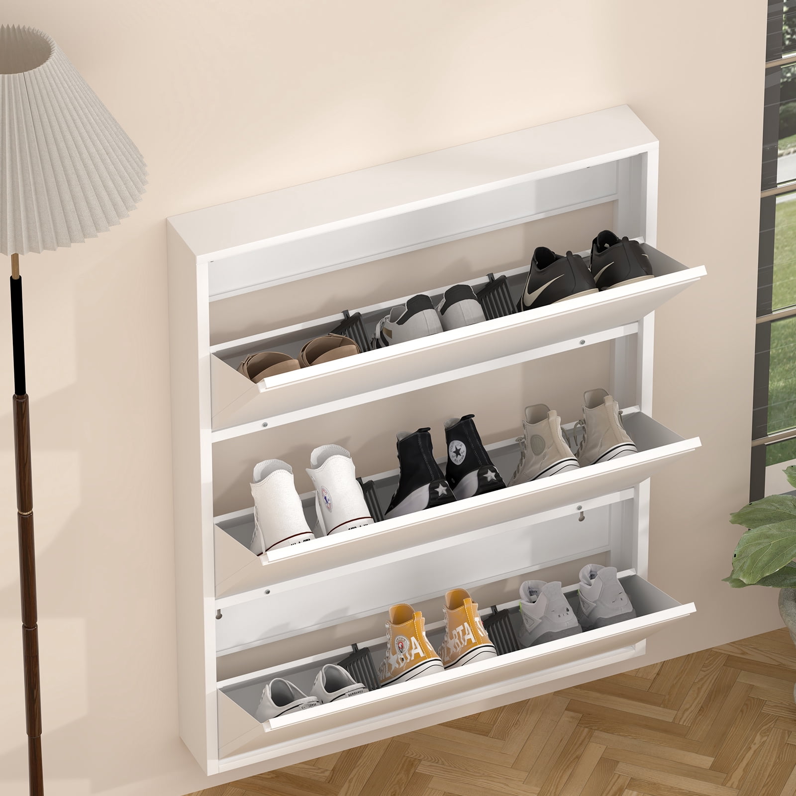 Shoe Cabinet with 3 Flip Drawers, Wall Mounted Shoe Organizer, Narrow Slim Hidden Shoe Rack for Entryway, White