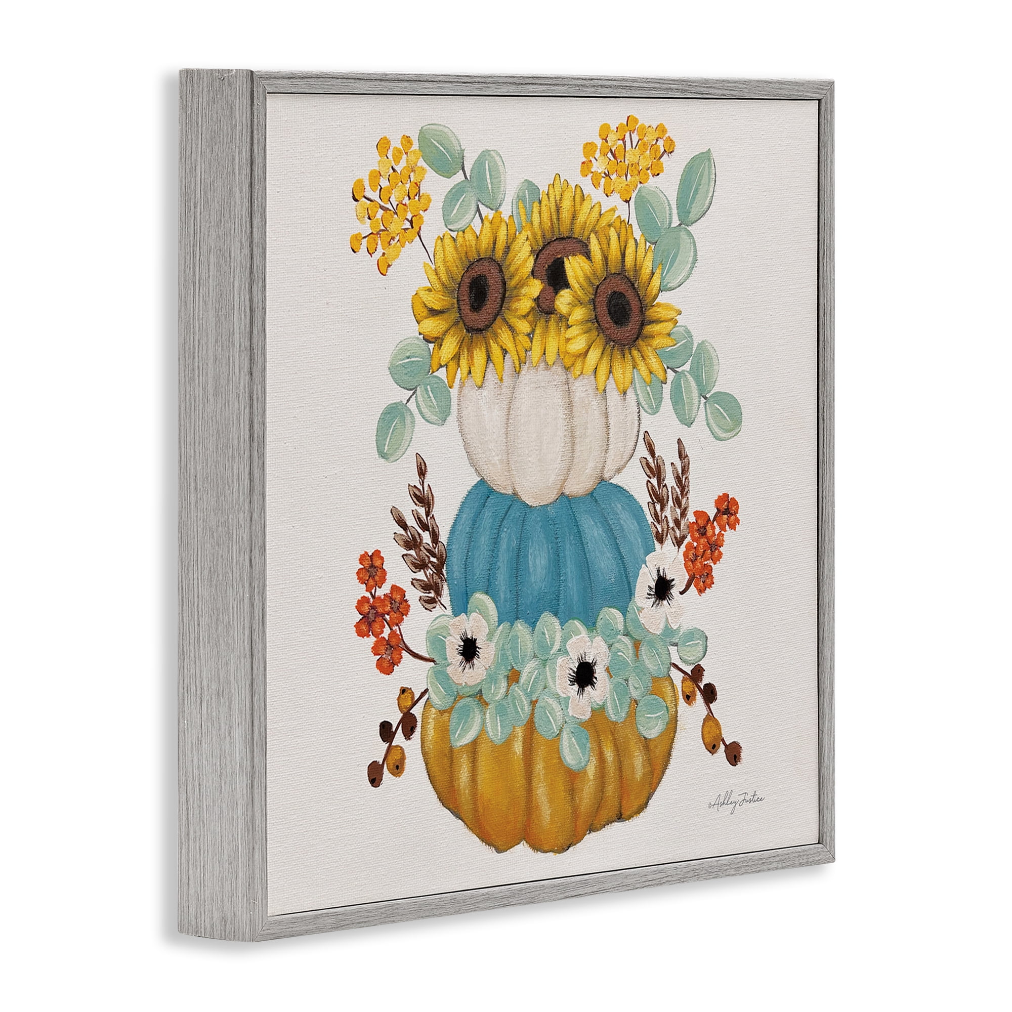 Stupell Industries Seasonal Flower & Pumpkins Botanical & Floral Painting Gray Framed Art Print Wall Art, 24 x 24