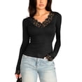 thumbnail image 3 of Stichou Long Sleeve Shirts for Women 2026 Lace V Neck Slim Fit Basic Tee Tops 2026 Casual T-Shirt Going Out Spring Fall Outfits Black S, 3 of 6