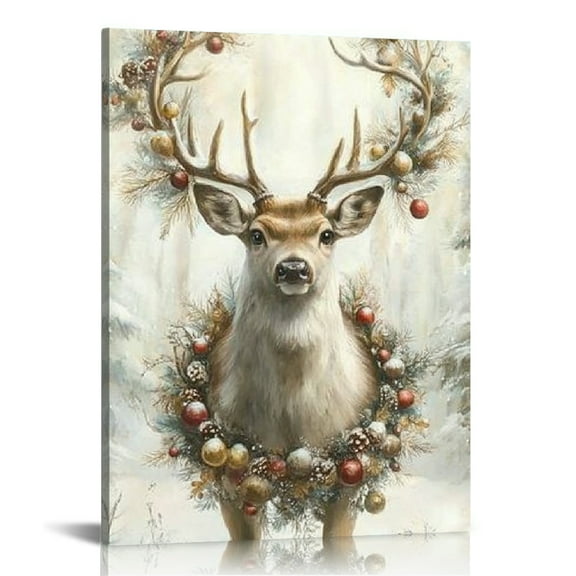 ZFLMY Deer Wreath Snowy Forest Wall Art Christmas Canvas Wall Art for Home Decor Living Room Bathroom Bedroom Office, Ready to Hang 12x16in