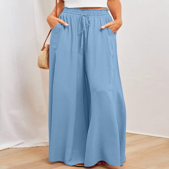 LYMAYTER Women Wide Leg Pants Summer Casual Long Pants for S-2XL Elastic Waist High Waisted Trousers