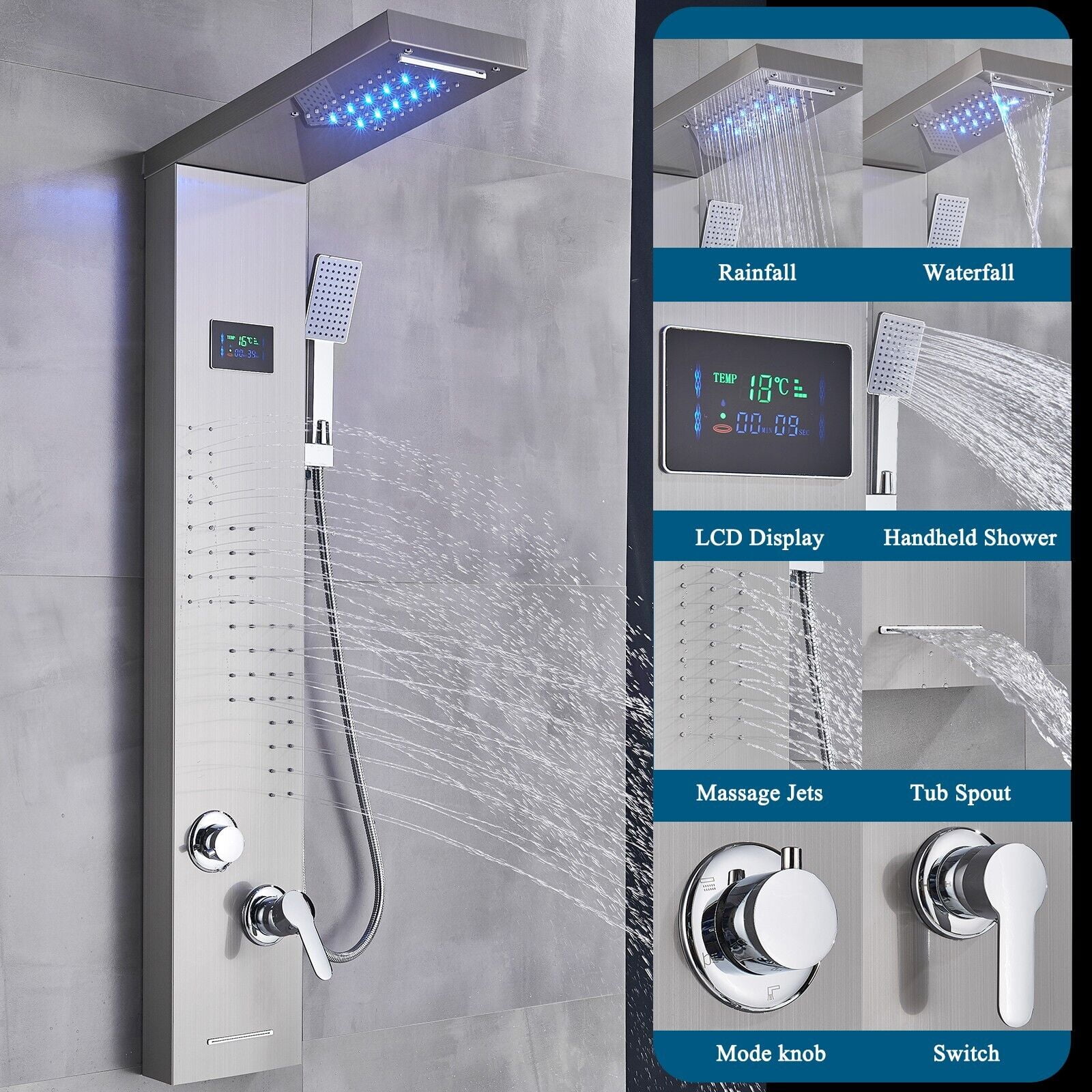 Senlesen LED Shower Panel Tower Massage Body Jet System Rain&Waterfall  Stainless Steel 