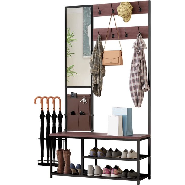 Bonzy Home Entryway Hall Tree with Shoe Storage Bench, Coat Rack, Mirrors, Hooks, Umbrella Rack