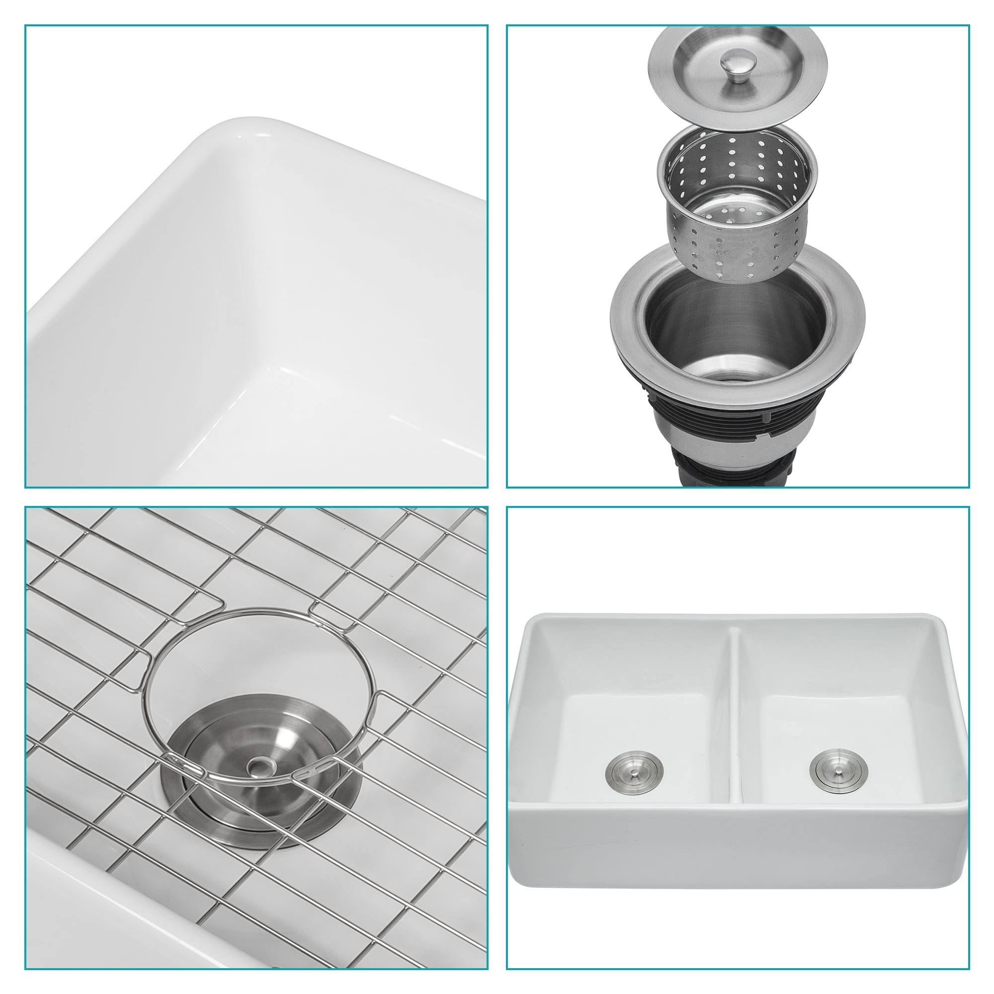White Farmhouse Sink - 32 inches Ceramic Fireclay Double Bowl Farm Apron Front Kitchen Sink