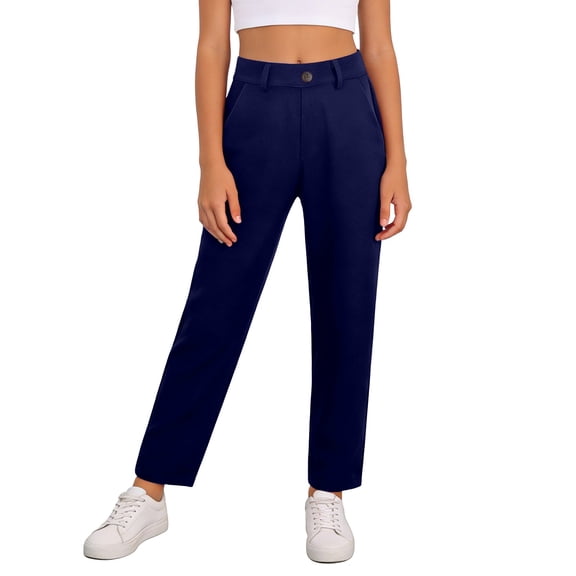 Aihuaihua Uniform Pants for Girls Navy Size 5-6, Lightweight Dress Pants for Kids High Waist Stretch School Uniform Trousers Formal Casual Fall Outfits Back to School