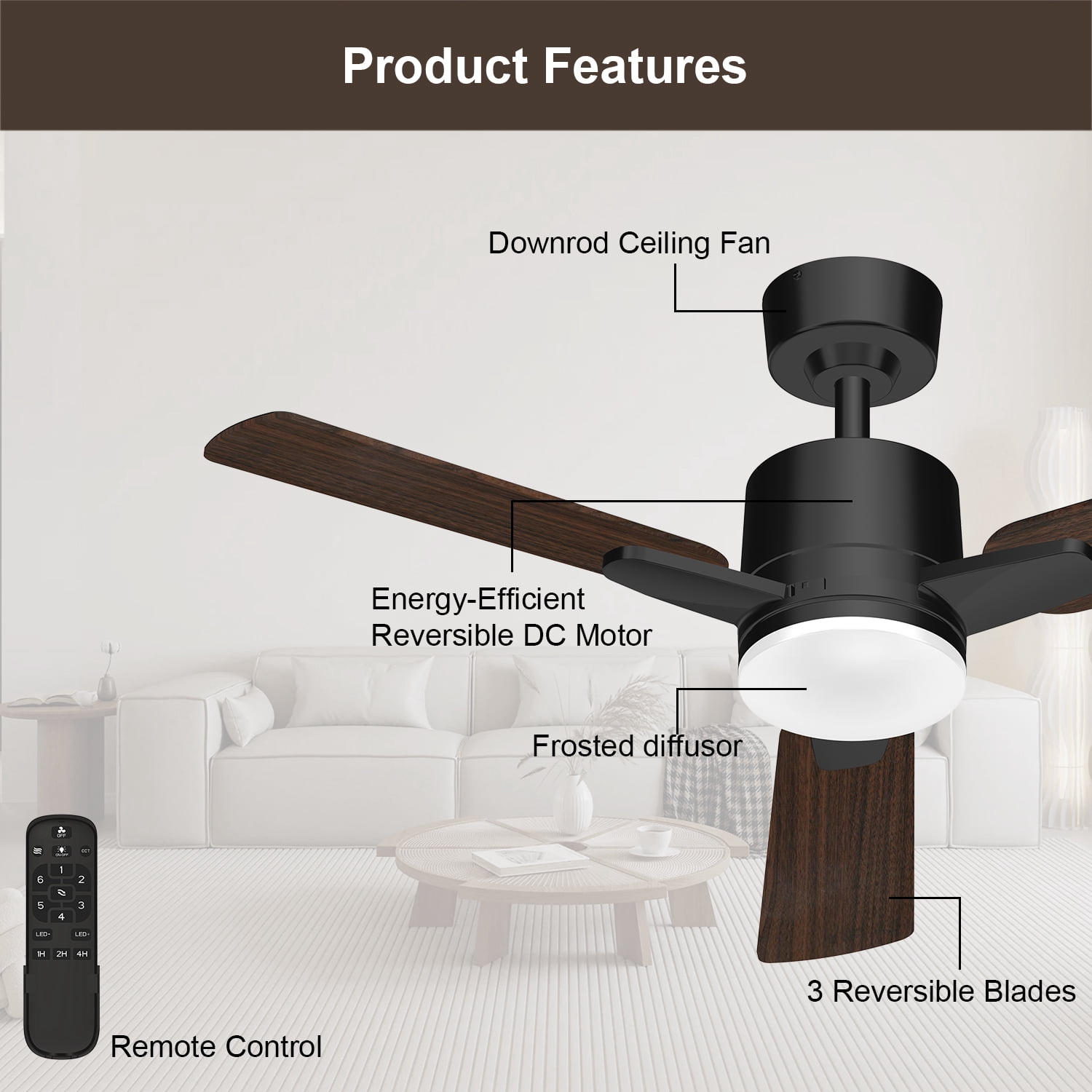 Mainstays 42 in Downrod Ceiling Fan with LED Light, Remote Control, 6 Speeds, 3 Blades, Black