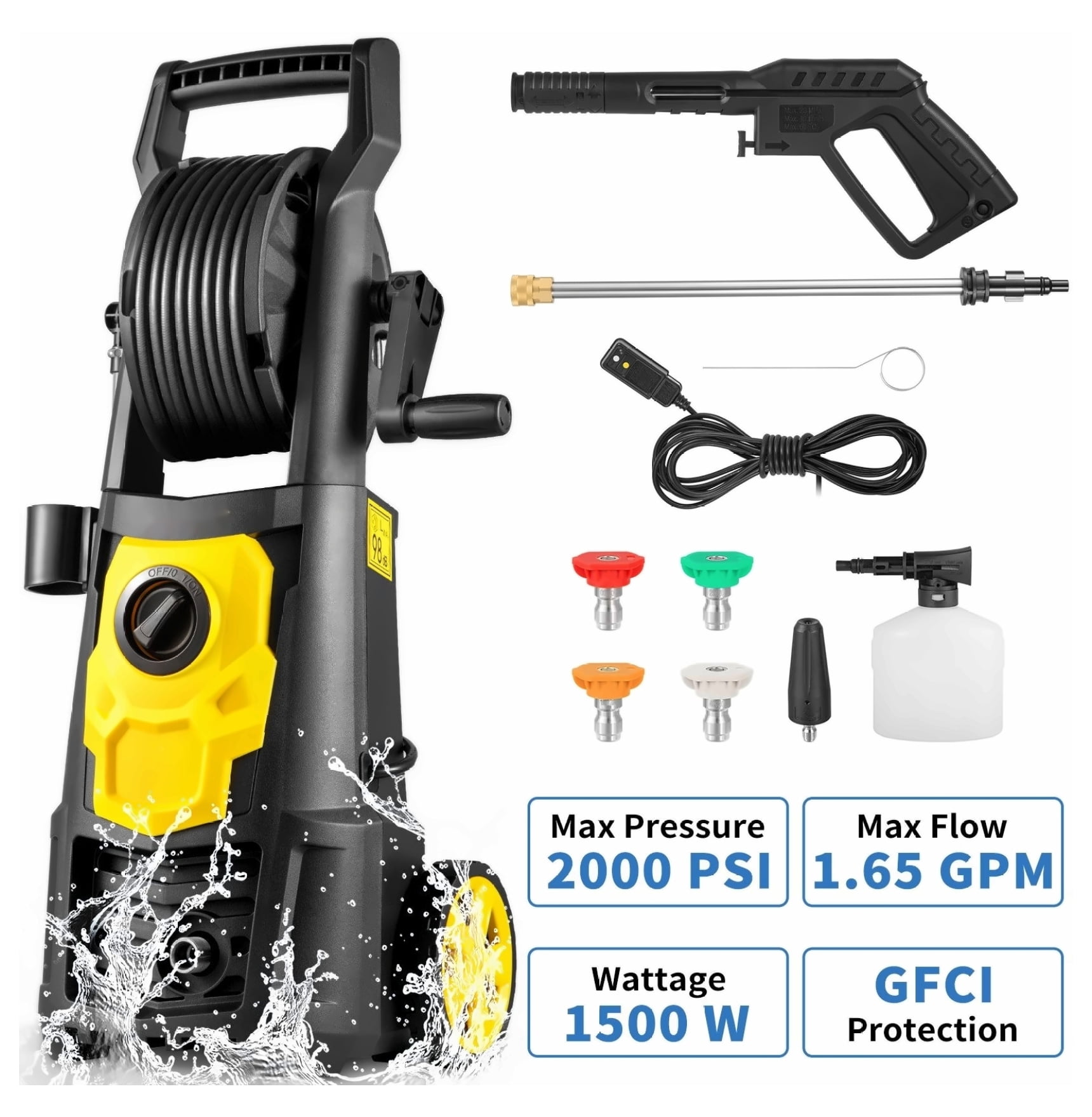 Electric Pressure Washer 2000 PSI 1.65 GPM - Power Washer with 30ft Hose, 5 Nozzles & Foam Cannon - Portable for Car, Patio, Driveway Cleaning - ETL Listed