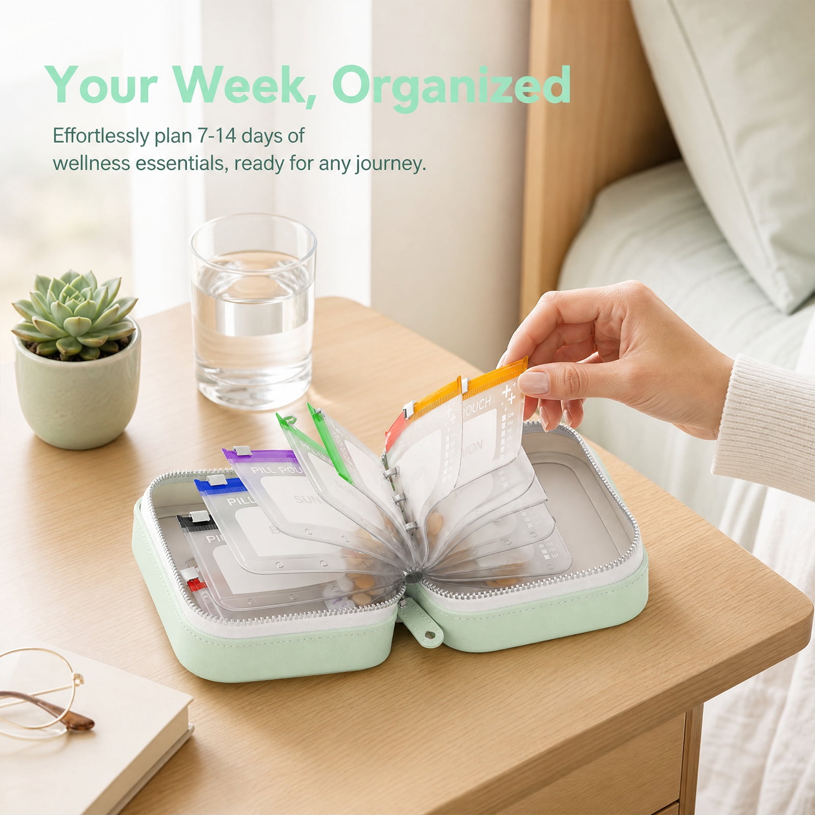 Travel Pill Organizer, Waterproof Pill Pouch Set for Medicine, 14 Color-Coded Pouches