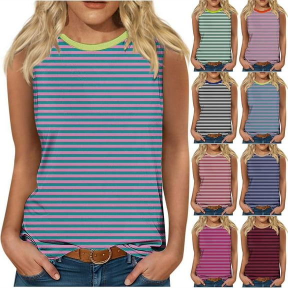 Jewelreauty Women's Striped Sleeveless Tank Tops Crew Neck Casual Workout Shirts Summer Loose Going Out Tees (S, Pink)