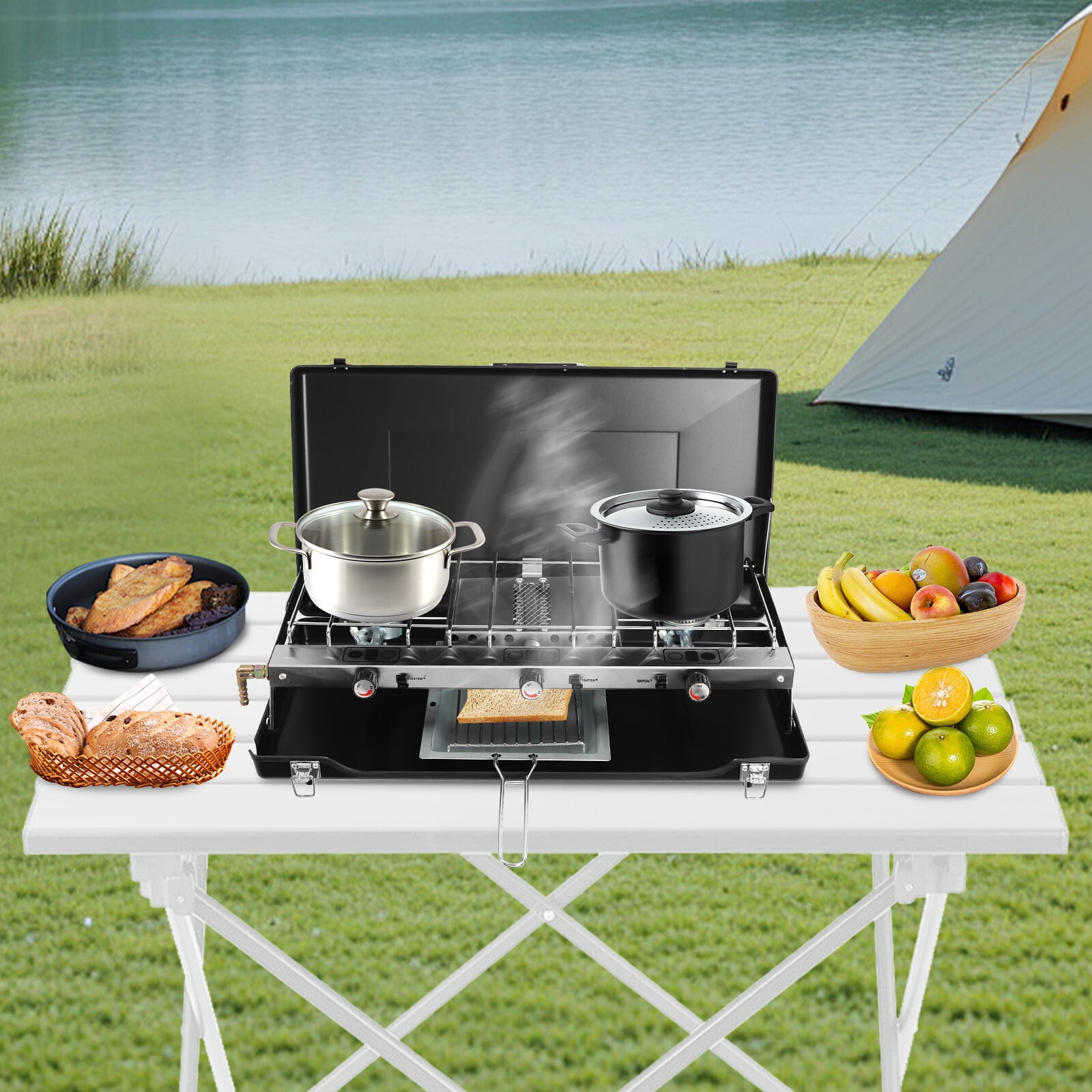 1 PCS Black Gas Camping Stove, Portable Cooking Stove, 3-Burner Camping Stove, Total Power: 4.5kw(328.5g/h), Each Stove Power: 1.5kw