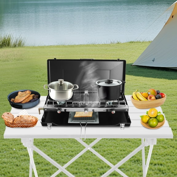 ToppiJoy Portable BBQ Cooking Grill, Tabletop 2-in-1 Stove with 3 Adjustable Burners, Folding Table Griddle with Windscreen in Black for Kitchen, Picnic Camping or Outdoor Hiking