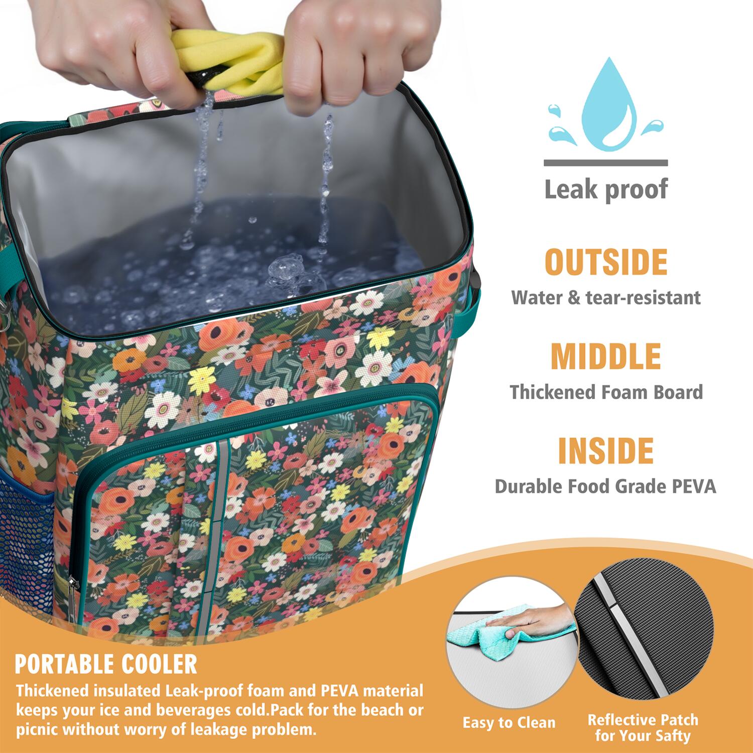 Travel Cooler Bag - Pioneer Flower Floral Print Pattern Camping Beer Cooler Backpack with Bottle Opener- Waterproof Insulated Picnic Backpacks - Cooler Bag for Beach
