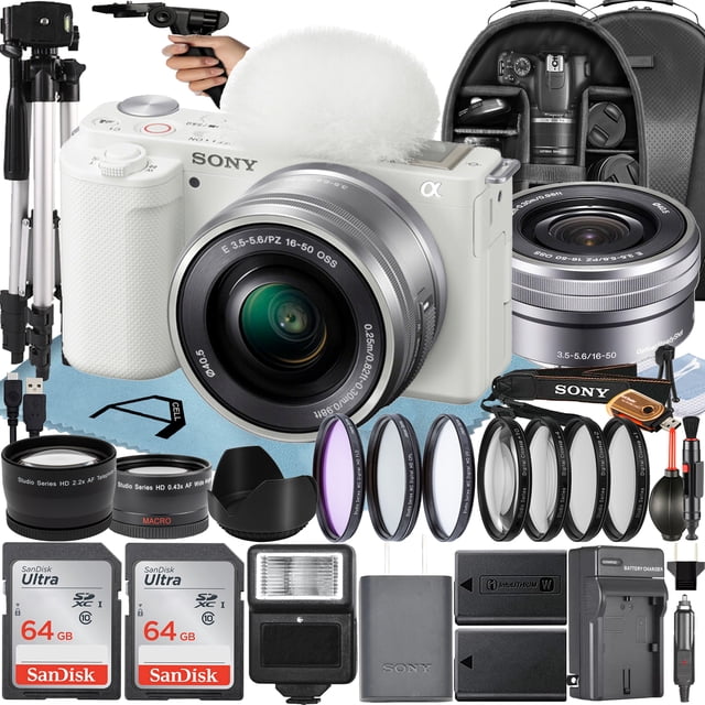 Sony Alpha ZV-E10 Mirrorless Vlog Camera with 16-50mm Lens + 2 Pack 64GB Memory Card + Flash + Tripod + Backpack + A-Cell Mobility Accessory Bundle (White)