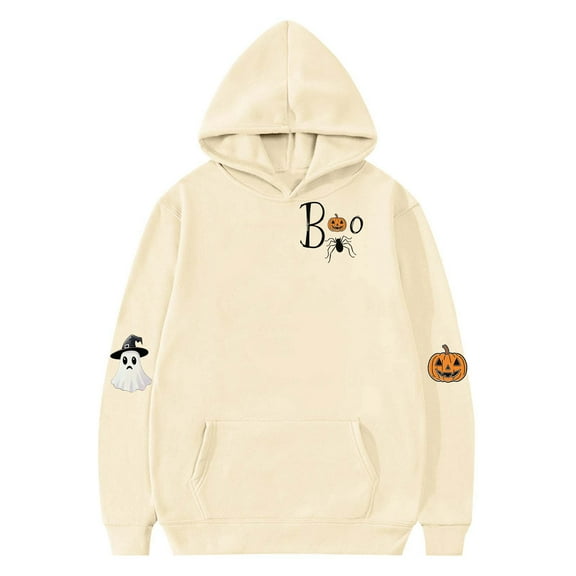 Atogsazn Kids Halloween Oversized Hoodie Girls Spooky Pumpkin Pullover Sweatshirt Fall Fleece Outerwear Clothes 01-Beige 5-6 Years Fashion