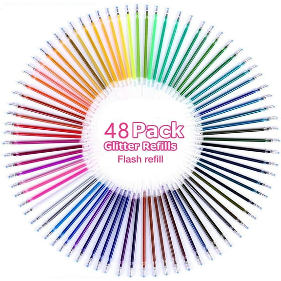 48-Pack Glitter Gel Pen Refills - No Leaks, Smooth Writing | Glitter, Neon, Metallic, Pastel Colors | Universal Fit for Most Pen Brands | Ideal for Art, Doodling & Gifts