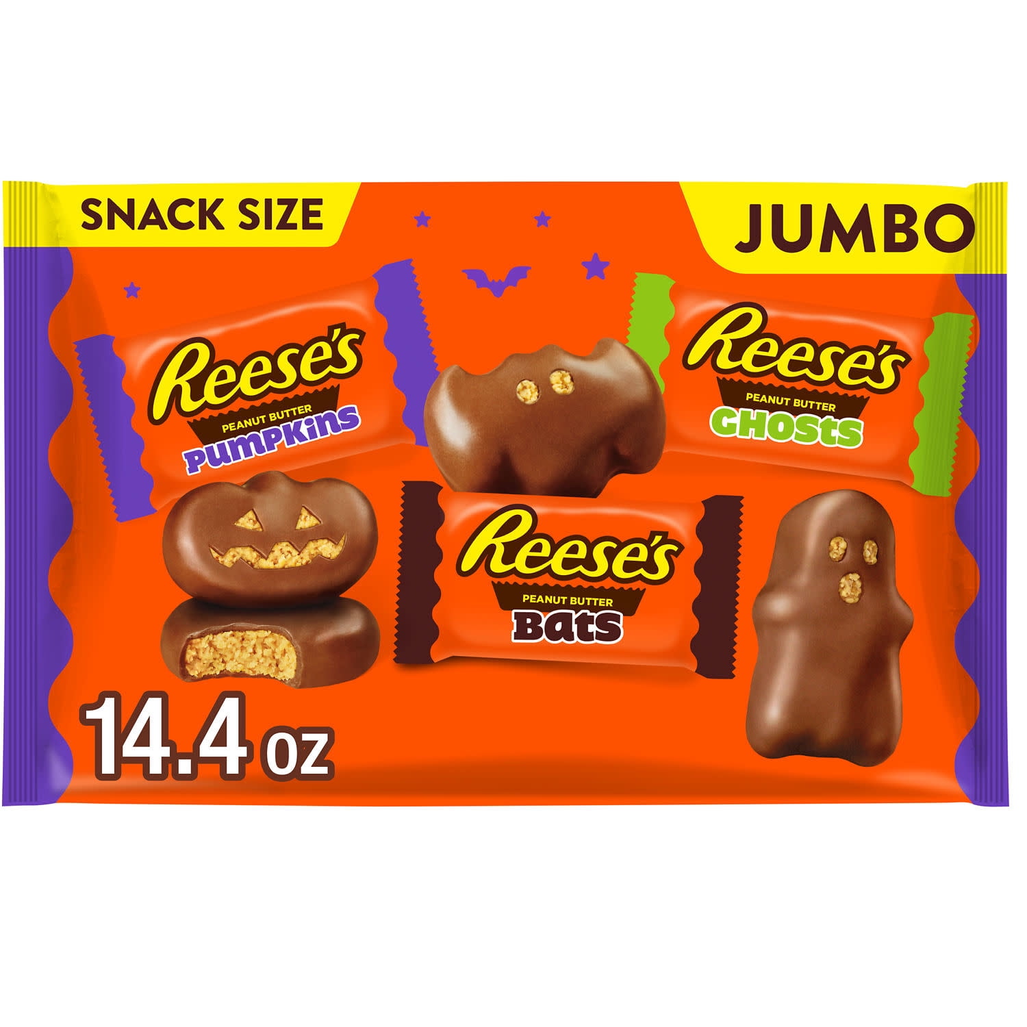(2 pack) REESE'S Assorted Milk Chocolate Snack Size Peanut Butter Shapes, Halloween Candy Jumbo Bag, 14.4 oz
