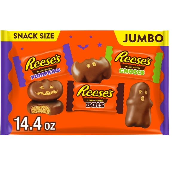Reese's Assorted Milk Chocolate Snack Size Peanut Butter Shapes Halloween Candy, Jumbo Bag 14.4 oz